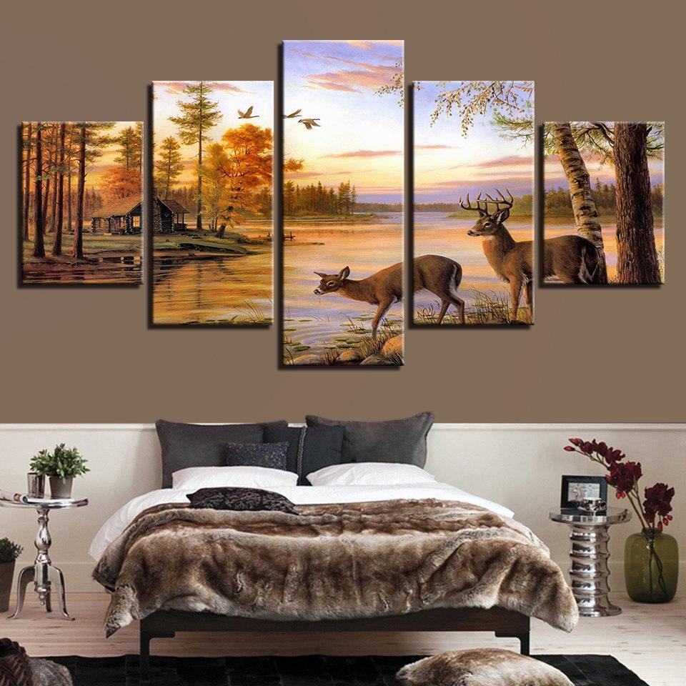 Forest Deers 5 Piece HD Multi Panel Canvas Wall Art Frame-Original Frame