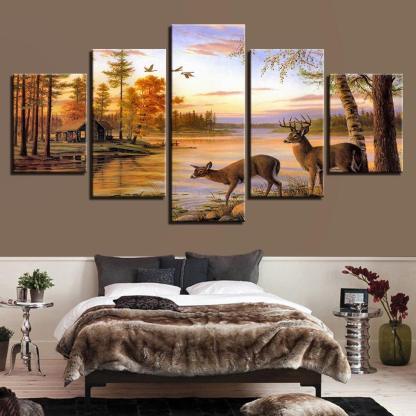 Forest Deers 5 Piece HD Multi Panel Canvas Wall Art Frame-Original Frame