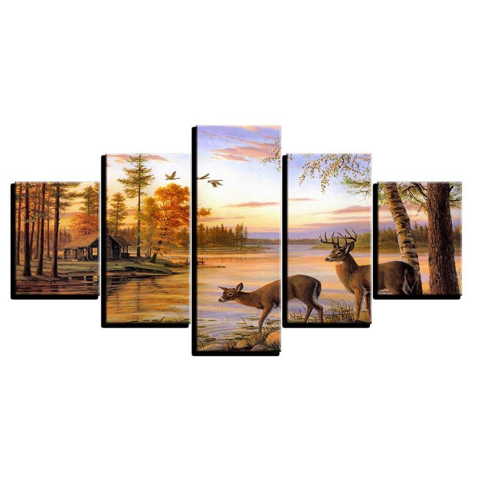Forest Deers 5 Piece HD Multi Panel Canvas Wall Art Frame-Original Frame