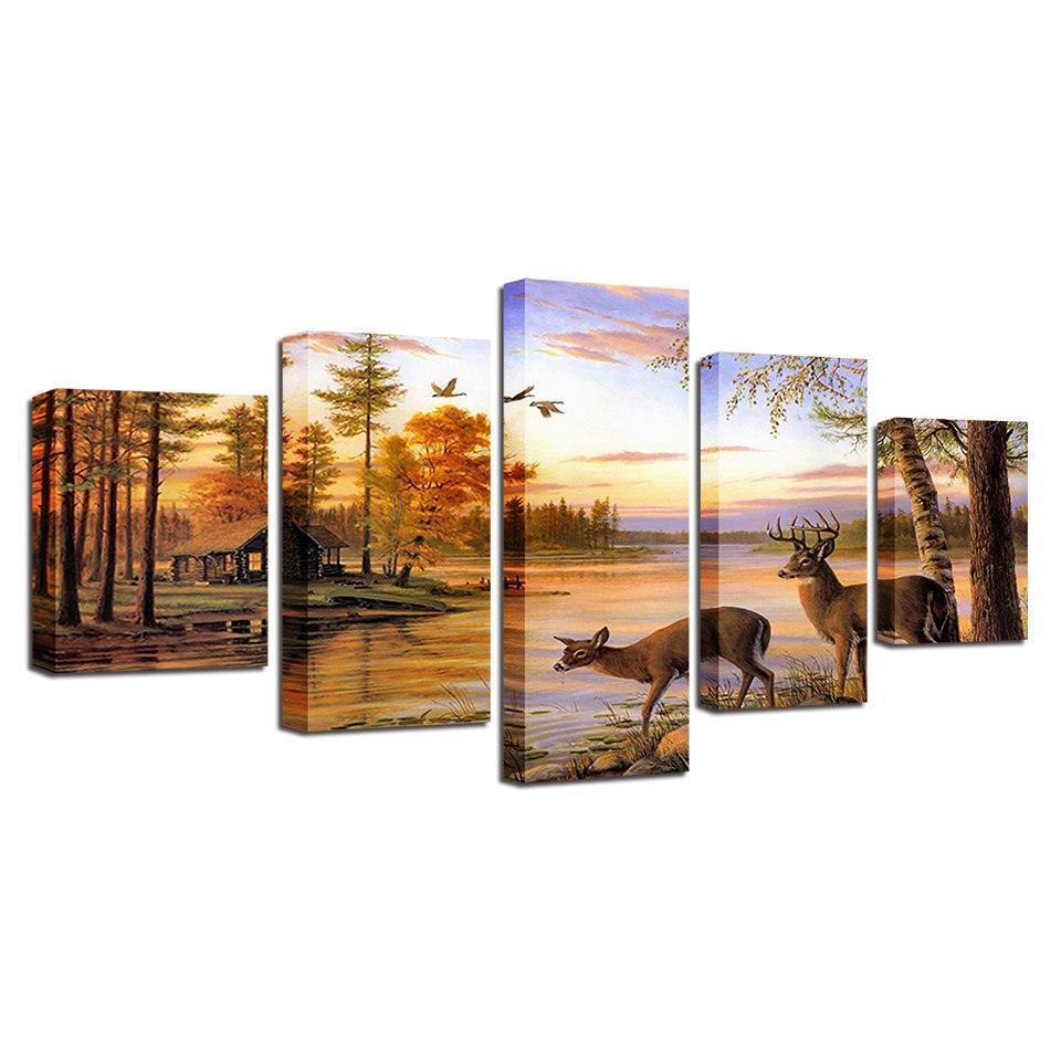Forest Deers 5 Piece HD Multi Panel Canvas Wall Art Frame-Original Frame