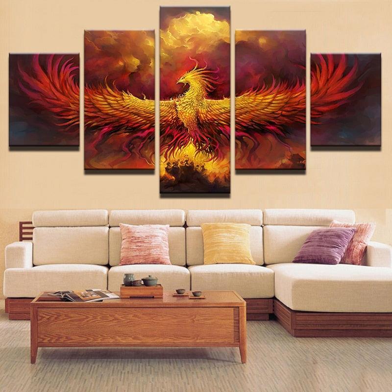 Fire Phoenix 5 Piece HD Multi Panel Canvas Wall Art Frame-Original Frame