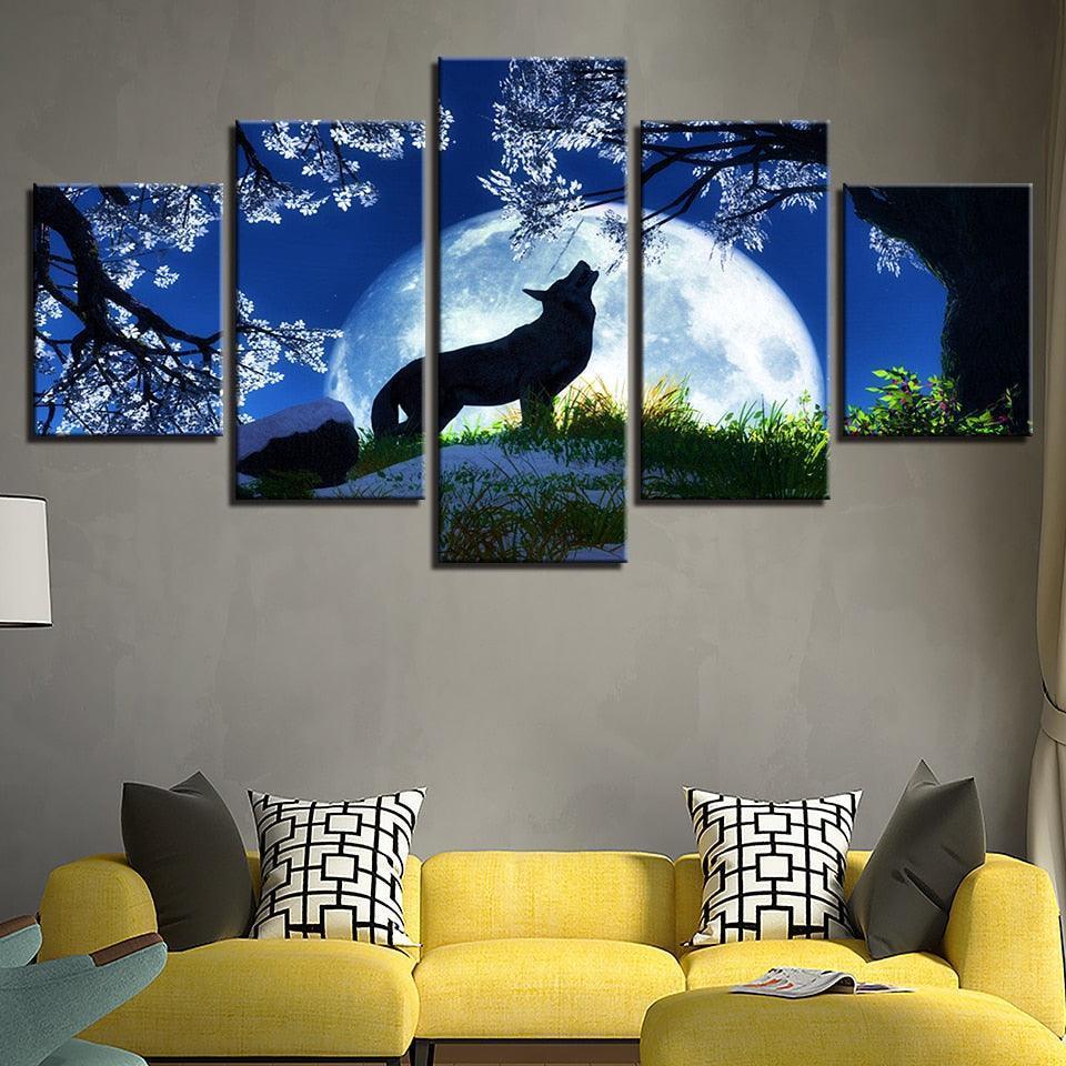 Midnight Wolf Howl 5 Piece HD Multi Panel Canvas Wall Art Frame-Original Frame
