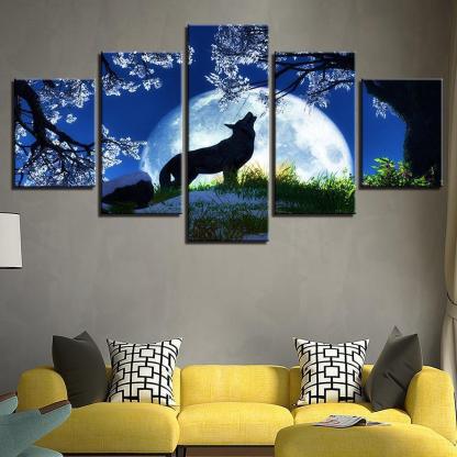 Midnight Wolf Howl 5 Piece HD Multi Panel Canvas Wall Art Frame-Original Frame