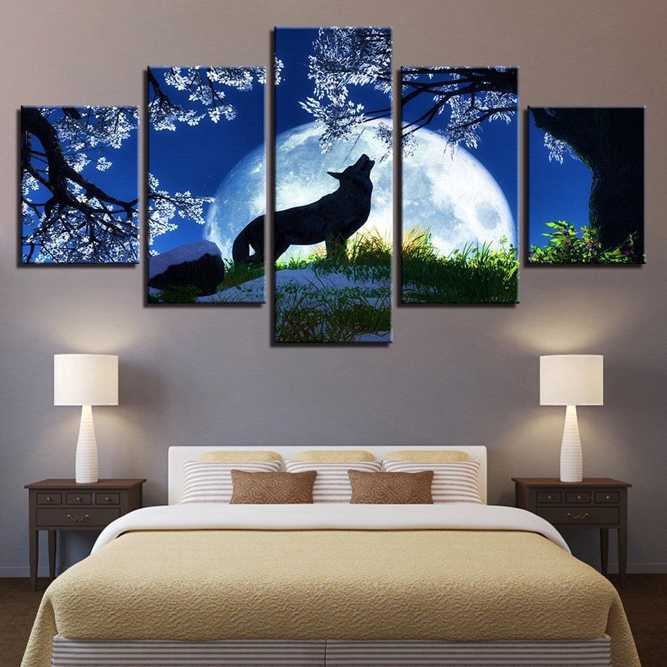 Midnight Wolf Howl 5 Piece HD Multi Panel Canvas Wall Art Frame-Original Frame