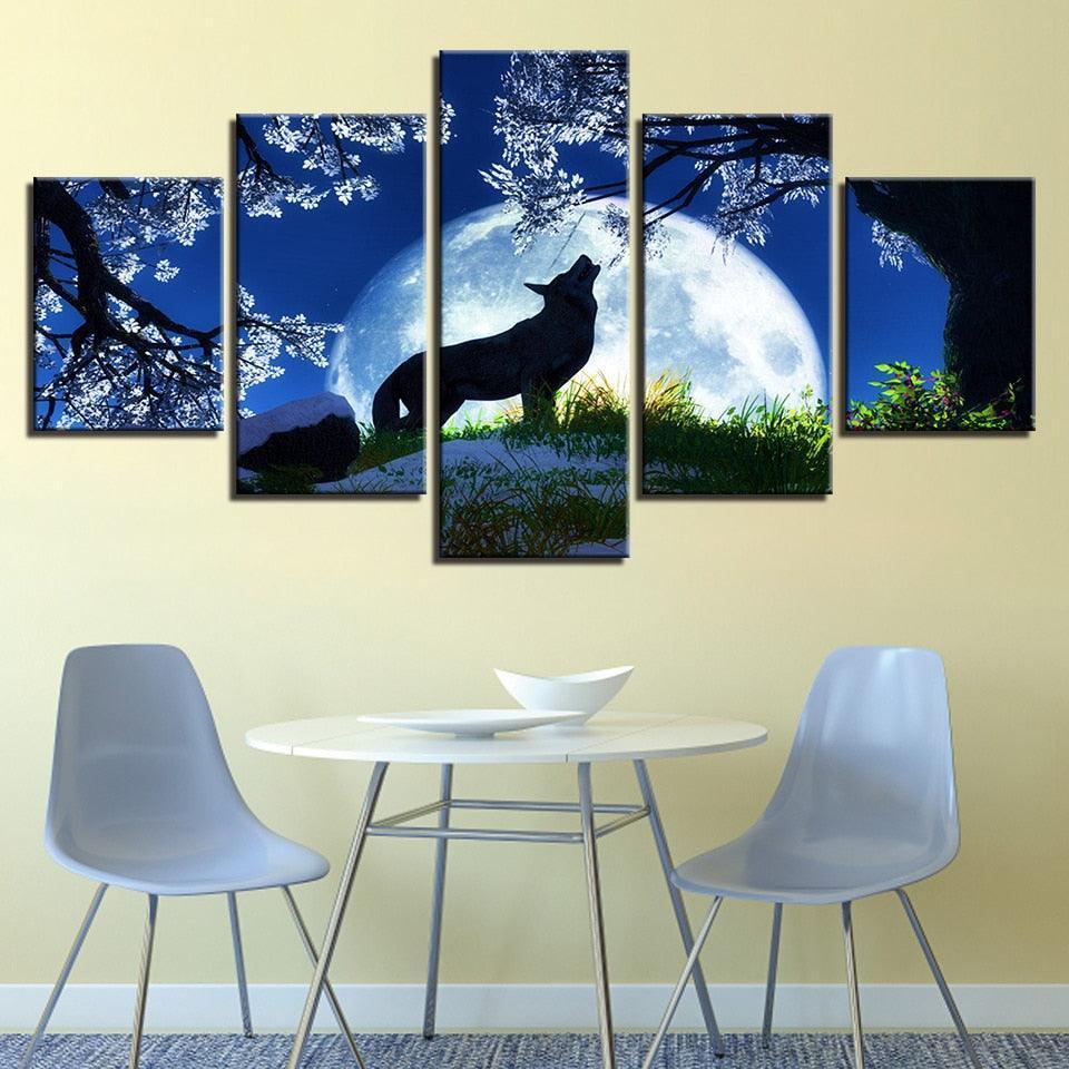 Midnight Wolf Howl 5 Piece HD Multi Panel Canvas Wall Art Frame-Original Frame