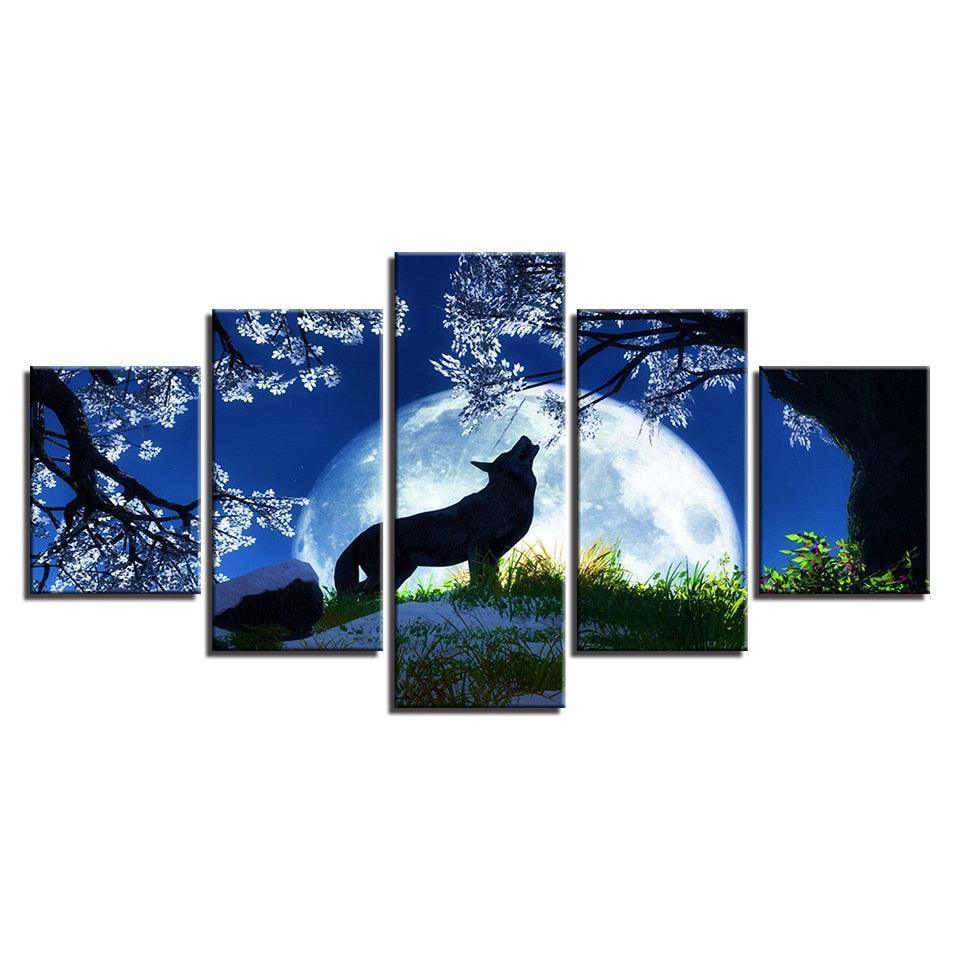 Midnight Wolf Howl 5 Piece HD Multi Panel Canvas Wall Art Frame-Original Frame