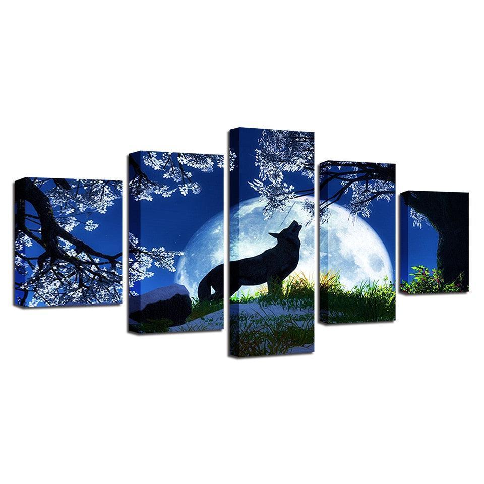 Midnight Wolf Howl 5 Piece HD Multi Panel Canvas Wall Art Frame-Original Frame