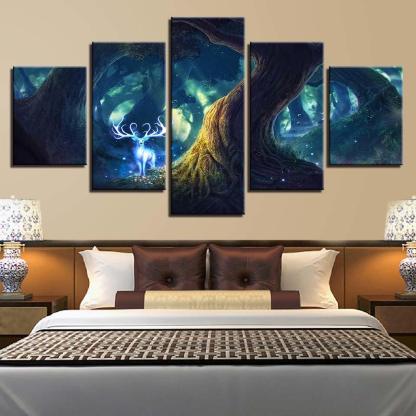 Tree Deer Illusion 5 Piece HD Multi Panel Canvas Wall Art Frame-Original Frame