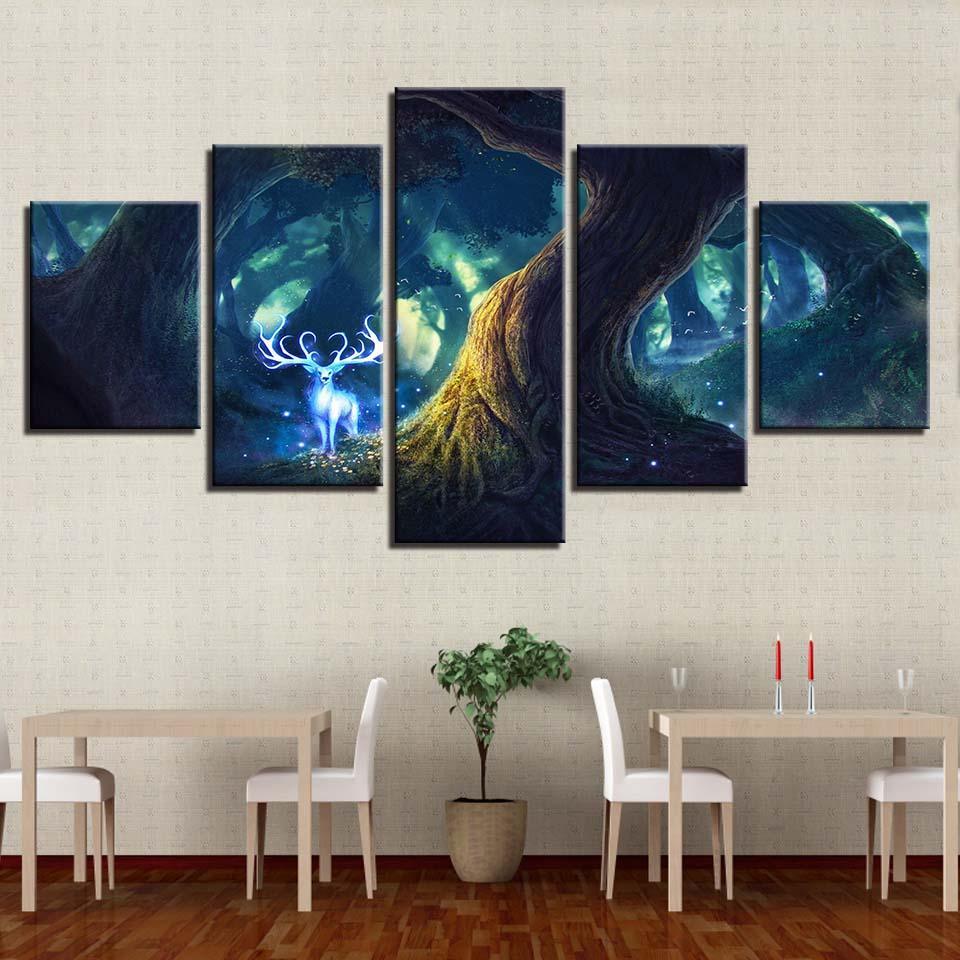 Tree Deer Illusion 5 Piece HD Multi Panel Canvas Wall Art Frame-Original Frame
