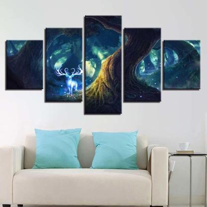 Tree Deer Illusion 5 Piece HD Multi Panel Canvas Wall Art Frame-Original Frame