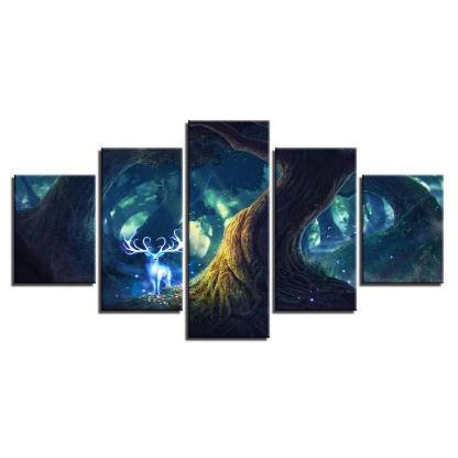 Tree Deer Illusion 5 Piece HD Multi Panel Canvas Wall Art Frame-Original Frame