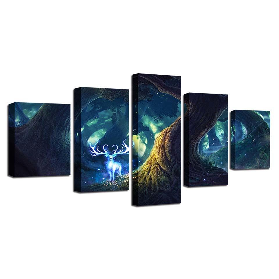 Tree Deer Illusion 5 Piece HD Multi Panel Canvas Wall Art Frame-Original Frame