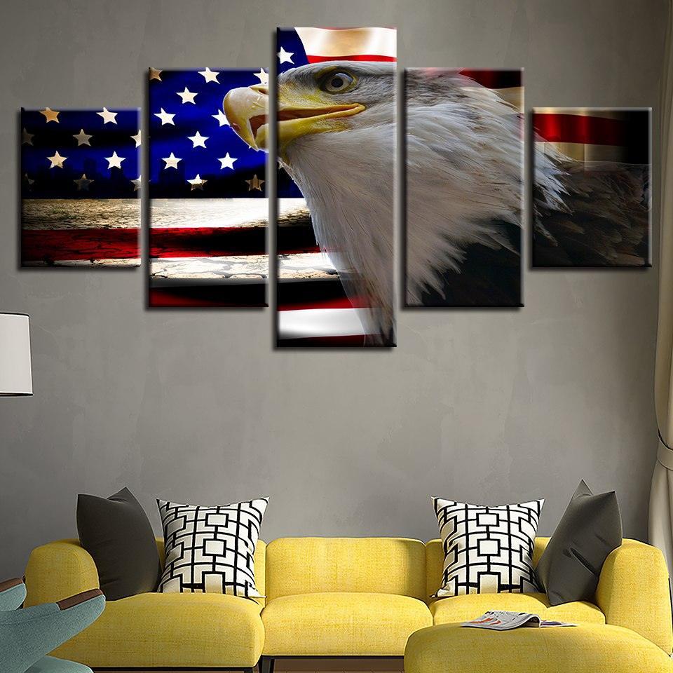 American Flag And Eagle 5 Piece HD Multi Panel Canvas Wall Art Frame-Original Frame