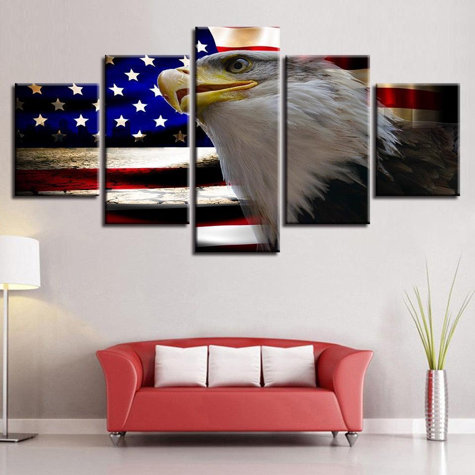 American Flag And Eagle 5 Piece HD Multi Panel Canvas Wall Art Frame-Original Frame