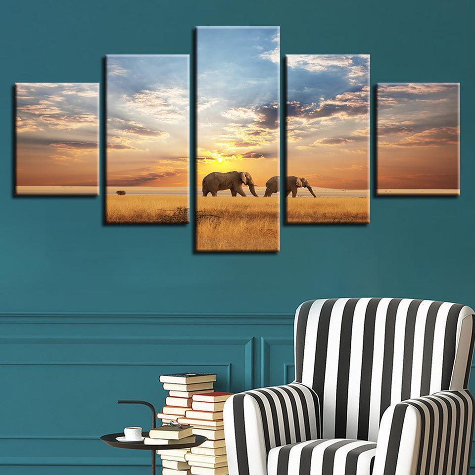 Elephants Walking In Sunset 5 Piece HD Multi Panel Canvas Wall Art Frame-Original Frame