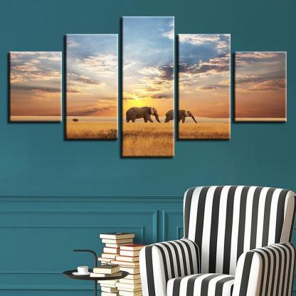 Elephants Walking In Sunset 5 Piece HD Multi Panel Canvas Wall Art Frame-Original Frame