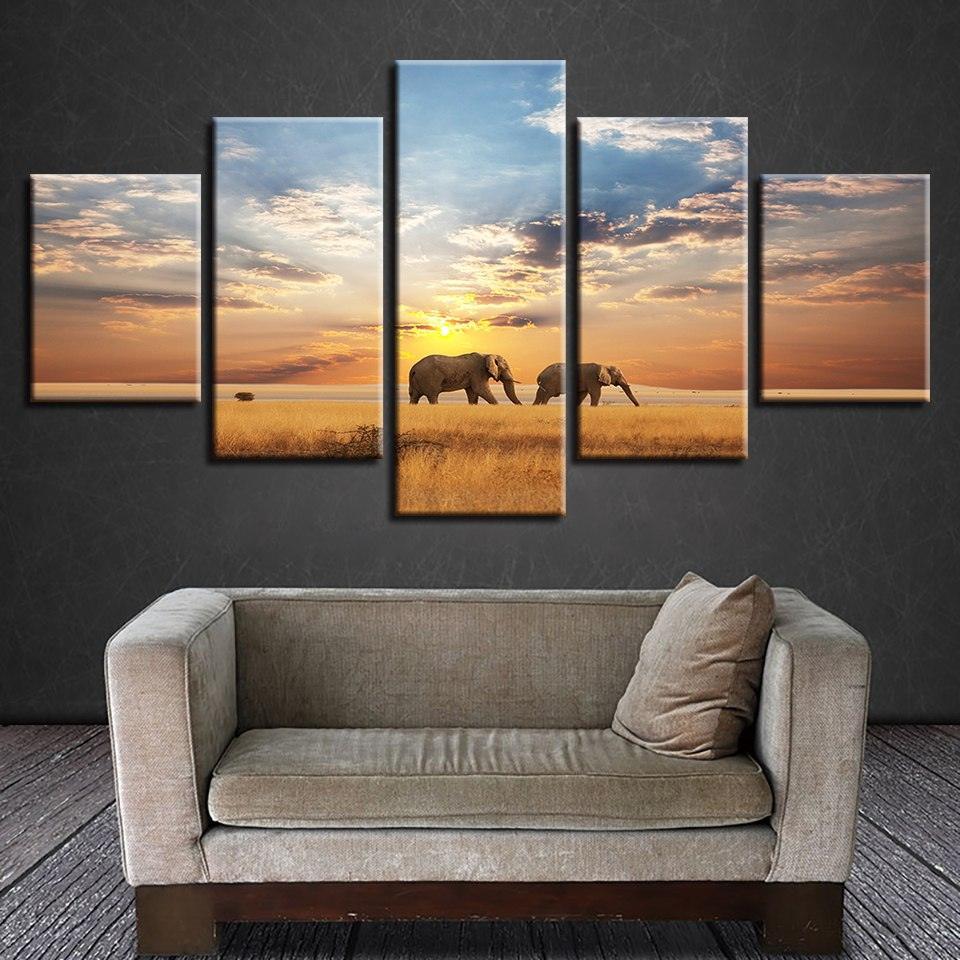 Elephants Walking In Sunset 5 Piece HD Multi Panel Canvas Wall Art Frame-Original Frame