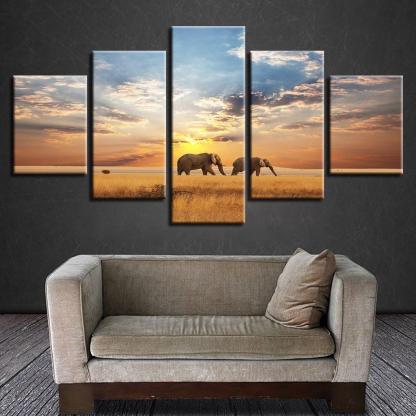 Elephants Walking In Sunset 5 Piece HD Multi Panel Canvas Wall Art Frame-Original Frame