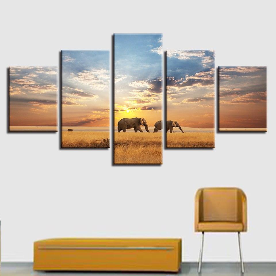 Elephants Walking In Sunset 5 Piece HD Multi Panel Canvas Wall Art Frame-Original Frame