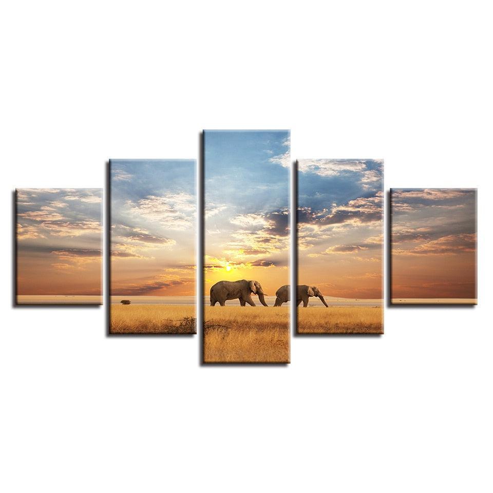 Elephants Walking In Sunset 5 Piece HD Multi Panel Canvas Wall Art Frame-Original Frame