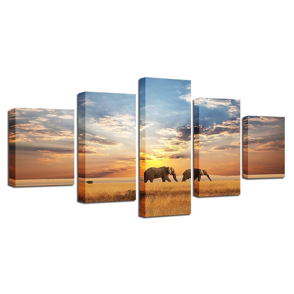 Elephants Walking In Sunset 5 Piece HD Multi Panel Canvas Wall Art Frame-Original Frame