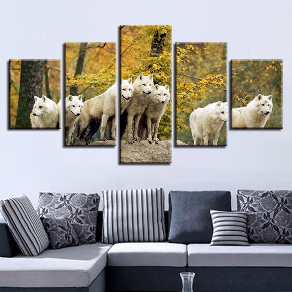 White Wolves Pack 5 Piece HD Multi Panel Canvas Wall Art Frame-Original Frame