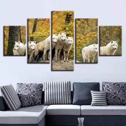 White Wolves Pack 5 Piece HD Multi Panel Canvas Wall Art Frame-Original Frame