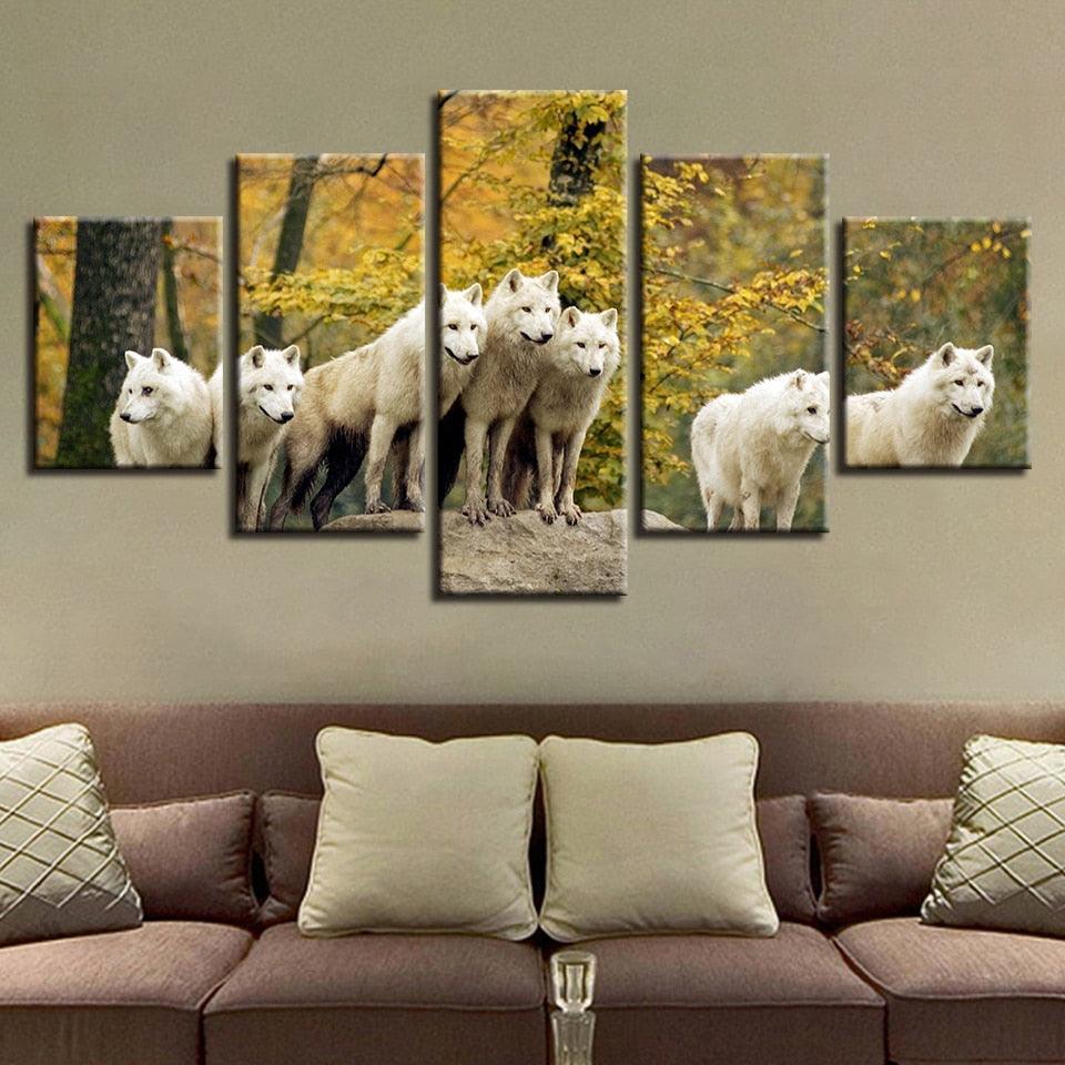 White Wolves Pack 5 Piece HD Multi Panel Canvas Wall Art Frame-Original Frame
