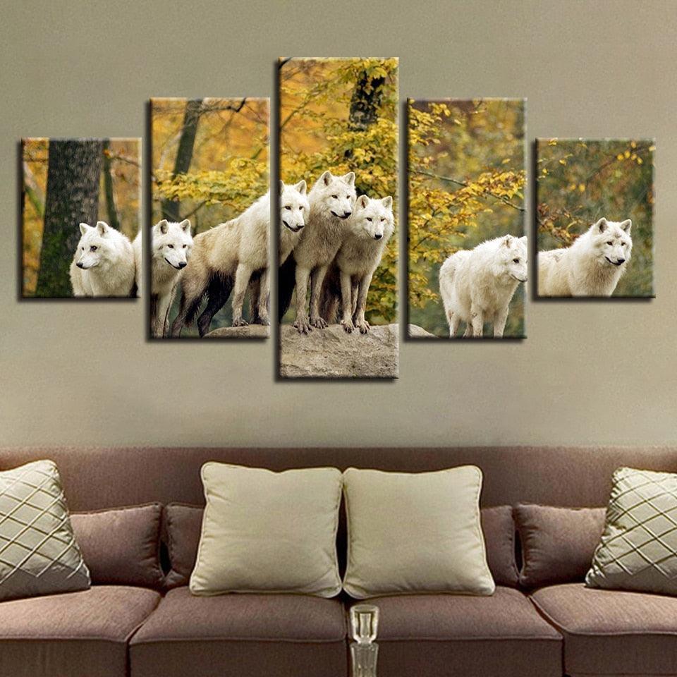 White Wolves Pack 5 Piece HD Multi Panel Canvas Wall Art Frame-Original Frame