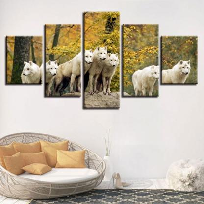 White Wolves Pack 5 Piece HD Multi Panel Canvas Wall Art Frame-Original Frame