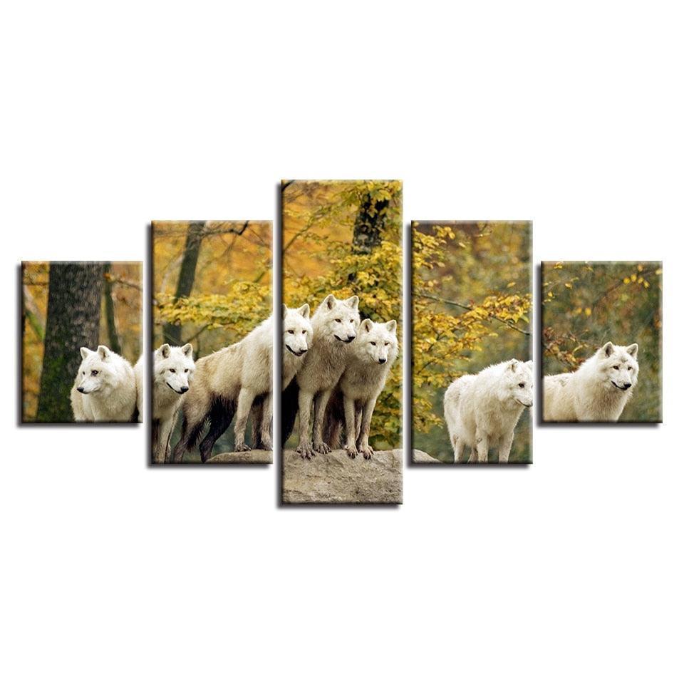 White Wolves Pack 5 Piece HD Multi Panel Canvas Wall Art Frame-Original Frame