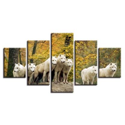 White Wolves Pack 5 Piece HD Multi Panel Canvas Wall Art Frame-Original Frame