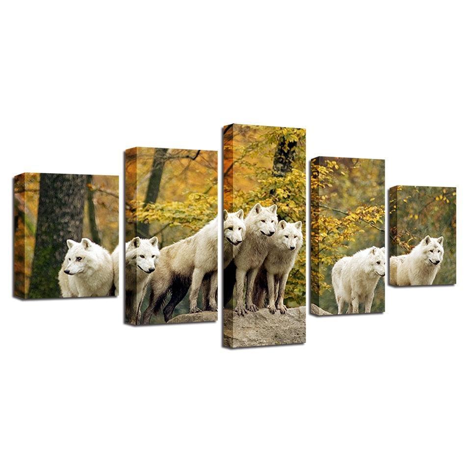 White Wolves Pack 5 Piece HD Multi Panel Canvas Wall Art Frame-Original Frame