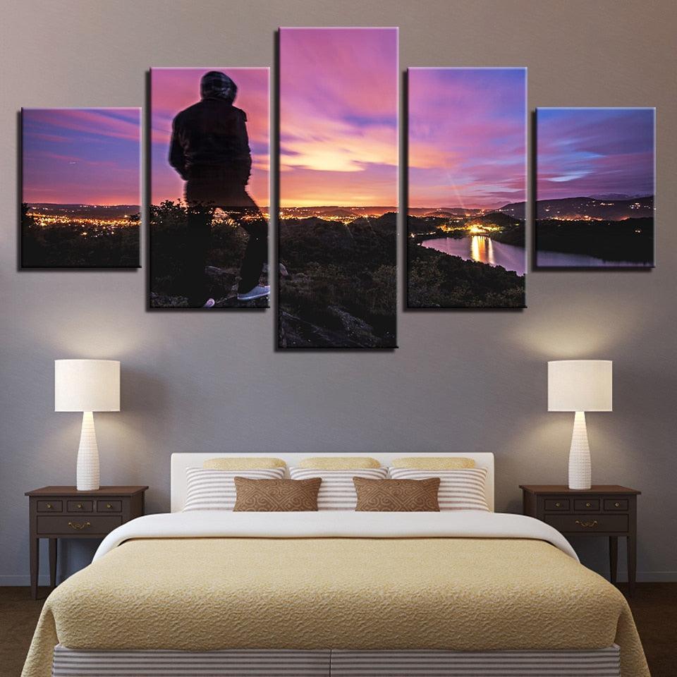 Sunset Mountain Top 5 Piece HD Multi Panel Canvas Wall Art Frame-Original Frame