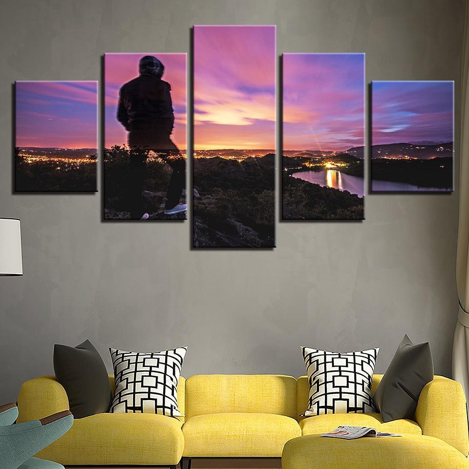 Sunset Mountain Top 5 Piece HD Multi Panel Canvas Wall Art Frame-Original Frame