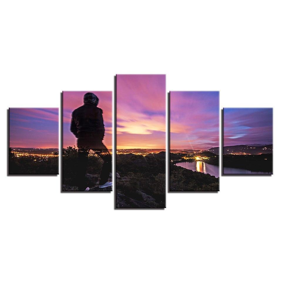 Sunset Mountain Top 5 Piece HD Multi Panel Canvas Wall Art Frame-Original Frame