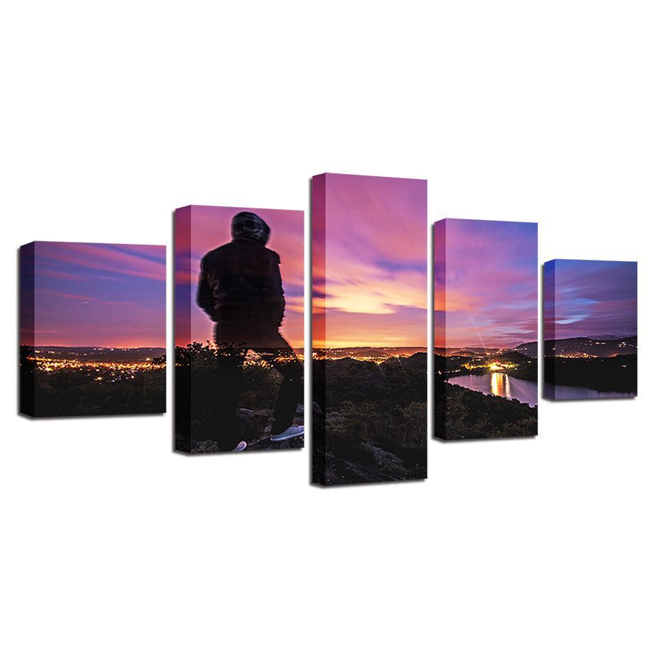 Sunset Mountain Top 5 Piece HD Multi Panel Canvas Wall Art Frame-Original Frame