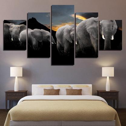 Elephant Family 5 Piece HD Multi Panel Canvas Wall Art Frame-Original Frame