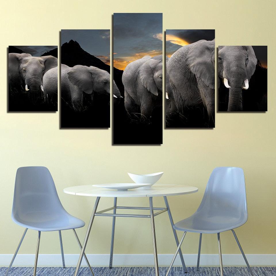 Elephant Family 5 Piece HD Multi Panel Canvas Wall Art Frame-Original Frame