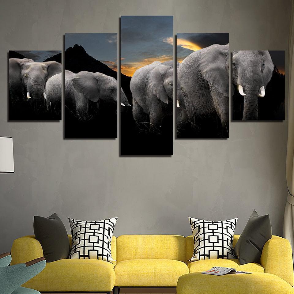 Elephant Family 5 Piece HD Multi Panel Canvas Wall Art Frame-Original Frame