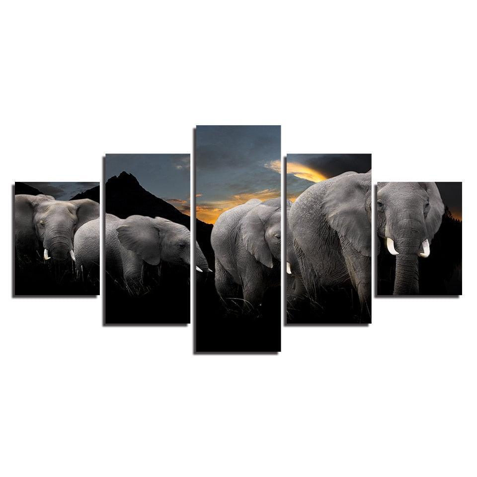 Elephant Family 5 Piece HD Multi Panel Canvas Wall Art Frame-Original Frame