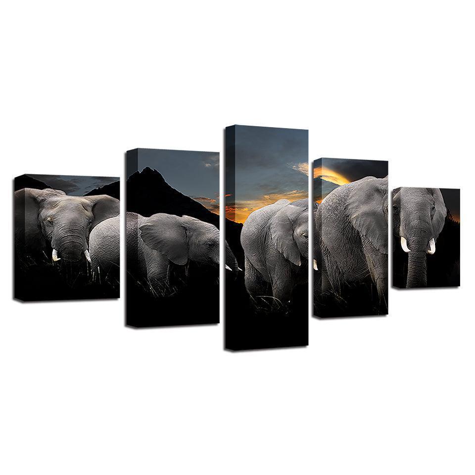 Elephant Family 5 Piece HD Multi Panel Canvas Wall Art Frame-Original Frame