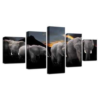 Elephant Family 5 Piece HD Multi Panel Canvas Wall Art Frame-Original Frame