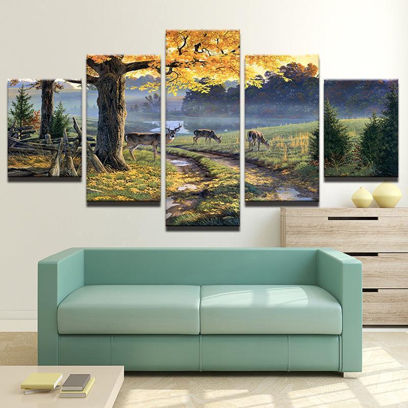 Deer In Forest Natural 5 Piece HD Multi Panel Canvas Wall Art Frame-Original Frame