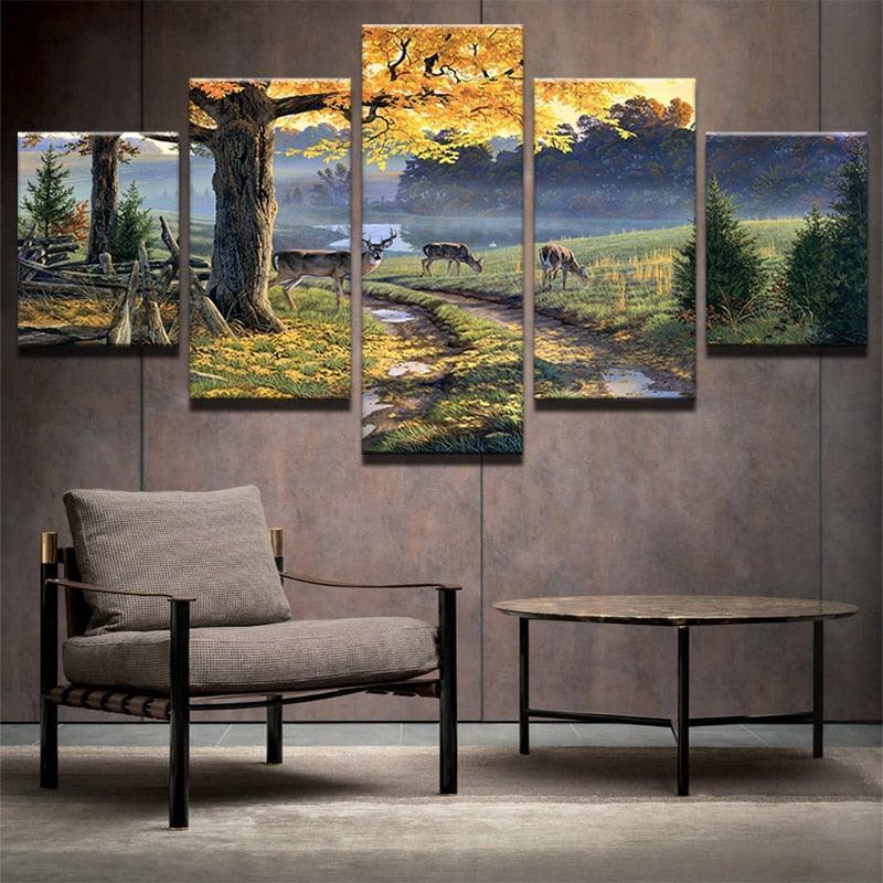 Deer In Forest Natural 5 Piece HD Multi Panel Canvas Wall Art Frame-Original Frame