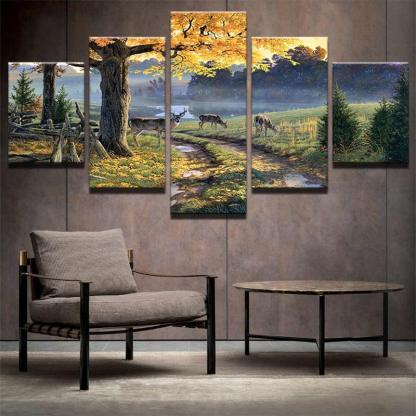 Deer In Forest Natural 5 Piece HD Multi Panel Canvas Wall Art Frame-Original Frame