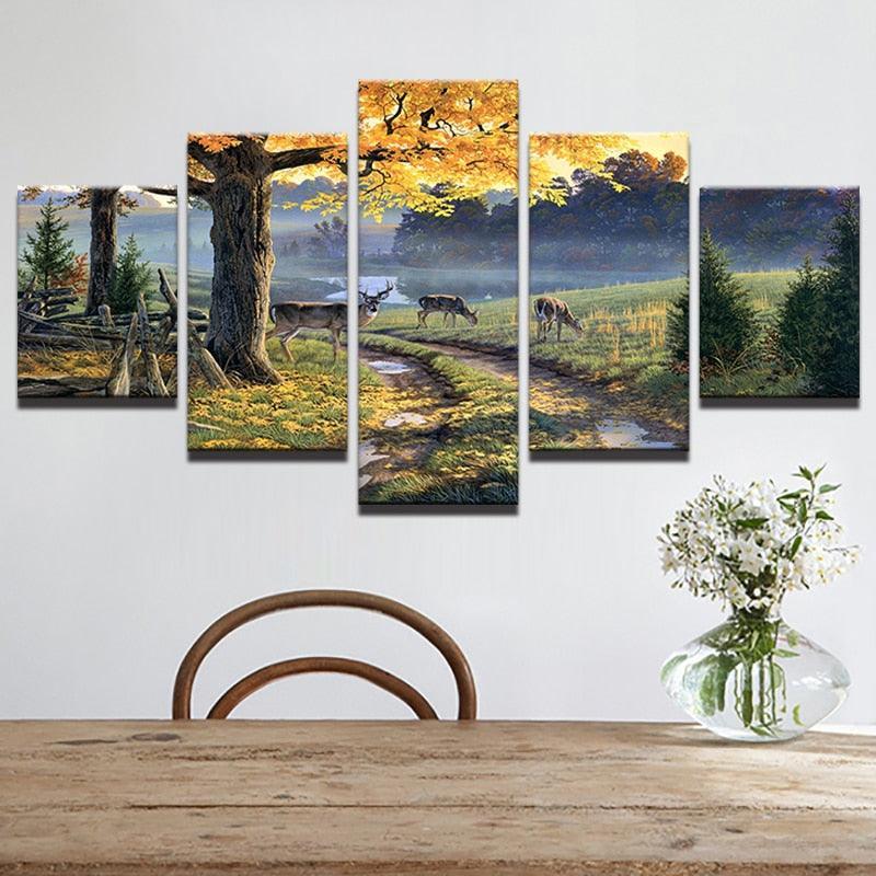 Deer In Forest Natural 5 Piece HD Multi Panel Canvas Wall Art Frame-Original Frame