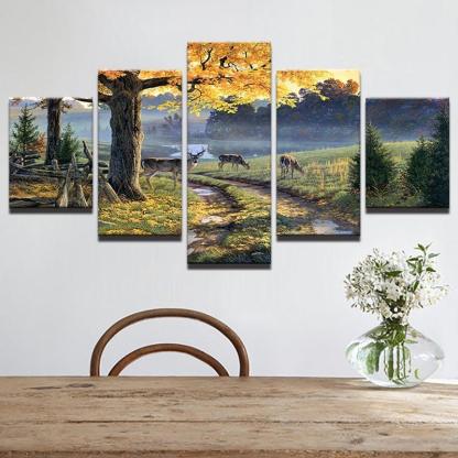 Deer In Forest Natural 5 Piece HD Multi Panel Canvas Wall Art Frame-Original Frame