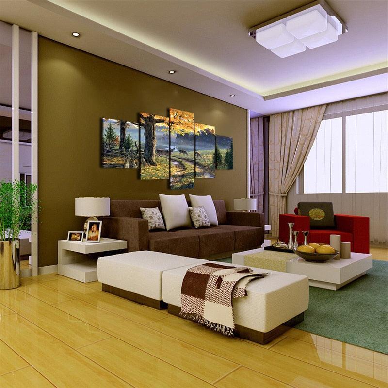 Deer In Forest Natural 5 Piece HD Multi Panel Canvas Wall Art Frame-Original Frame