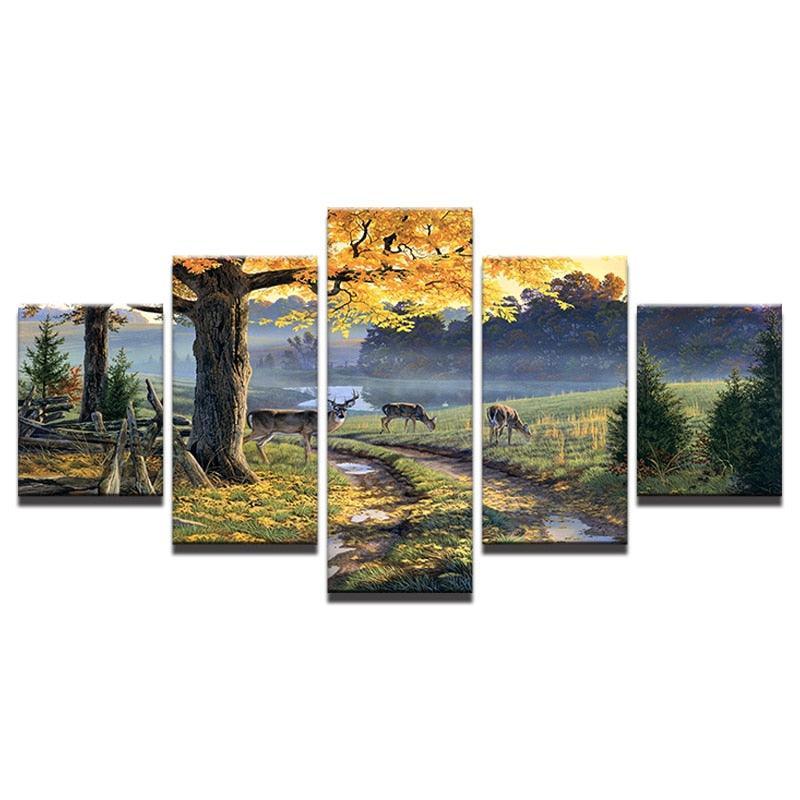 Deer In Forest Natural 5 Piece HD Multi Panel Canvas Wall Art Frame-Original Frame